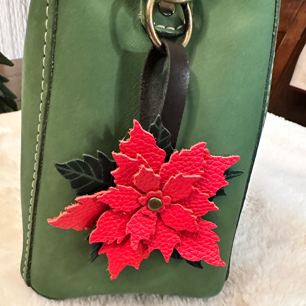 Red Poinsettia Leather Charm, Flair, Keychain - Picture 2 of 2